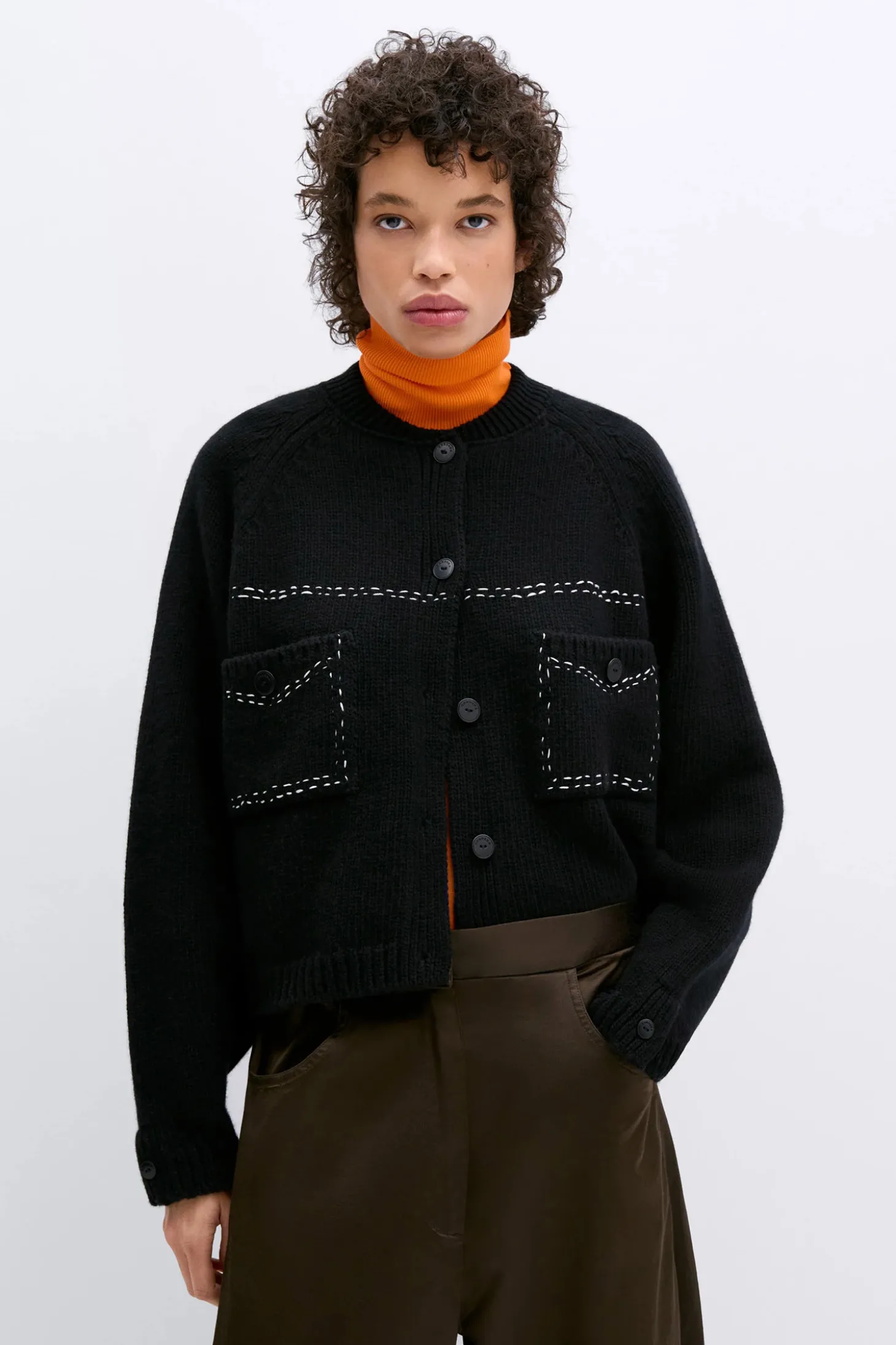 Contrast Stitched Cardigan, Black