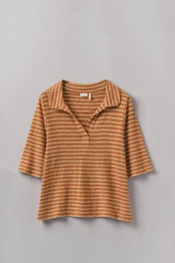 Round Collar Stripe Tee, Carrot/Pine