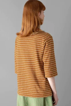 Round Collar Stripe Tee, Carrot/Pine