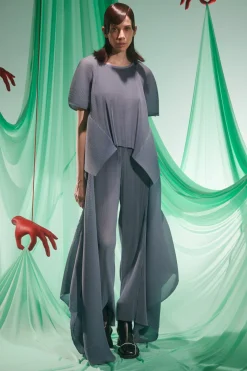 Wrist Plisse Pants, Stone Blue